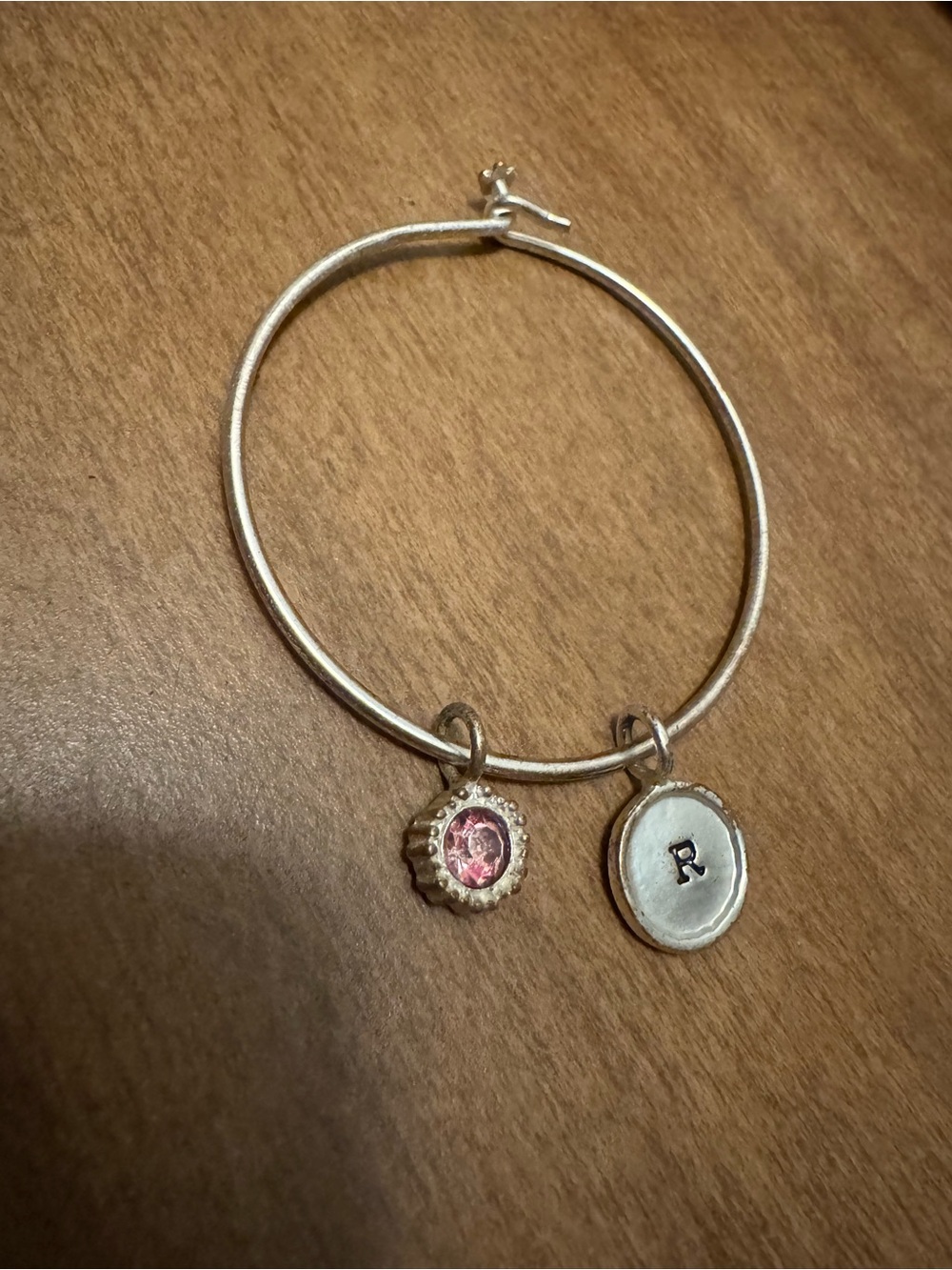 Sterling Silver Charm Bangle Bracelet with Pink Crystal and Initial Disc R